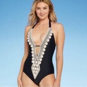 Kona Sol‎ Crochet Deep V One Piece Black Swimsuit Size M